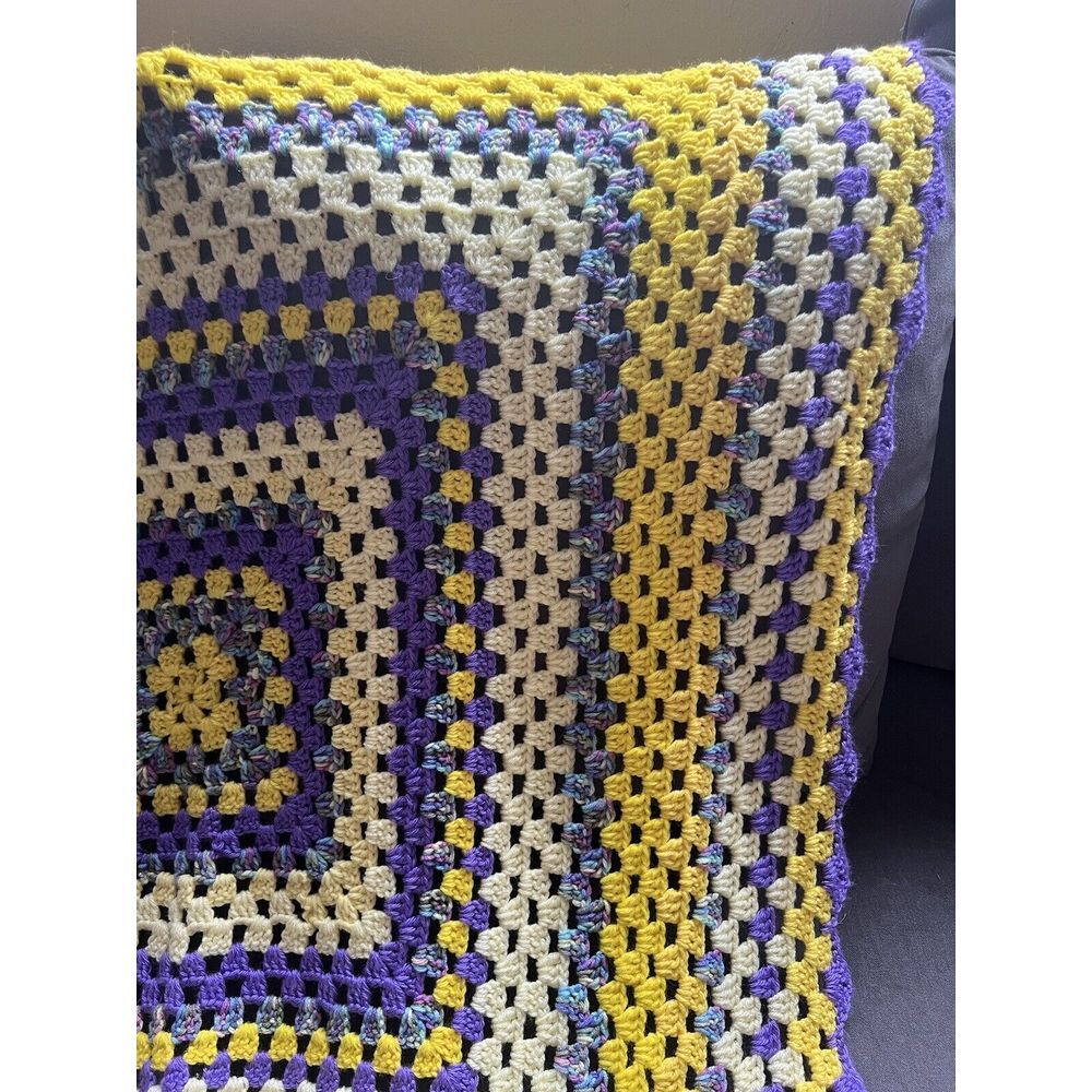 Crochet Afghan Purple Yellow Granny Blanket Cottagecore Lap Throw 48x40 Handmade